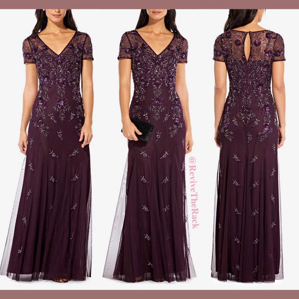 NWT $349 Adrianna Papell Floral Beaded Godet Gown in Night Plum [SZ‎ 4 ]